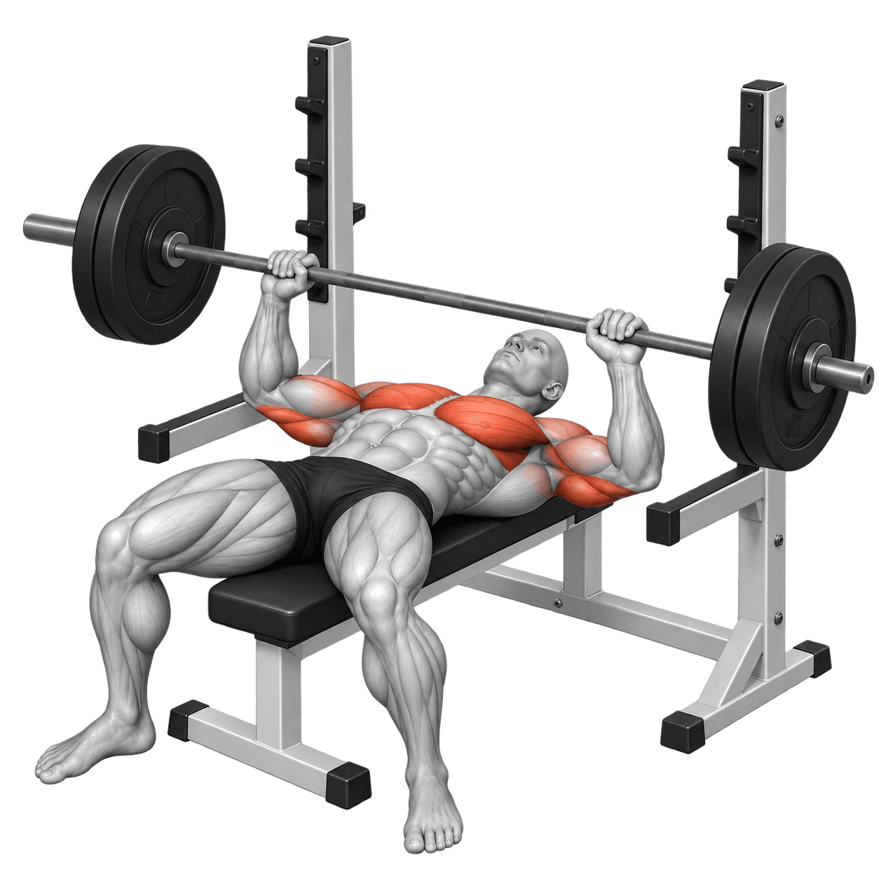 Barbell bench press with a lifter on a flat bench and the chest highlighted