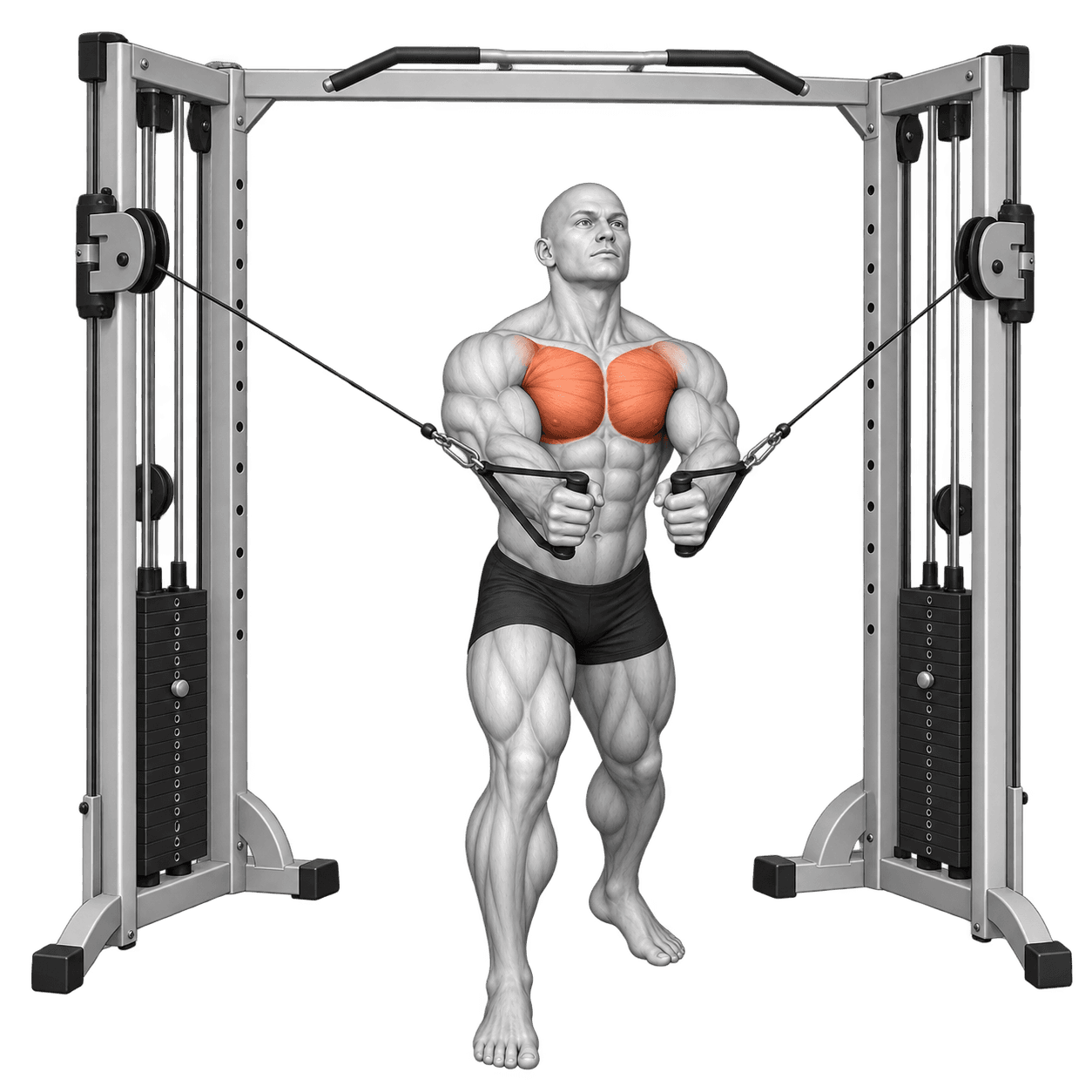 Dual cable chest fly illustration showing the handles brought together in front of the chest.