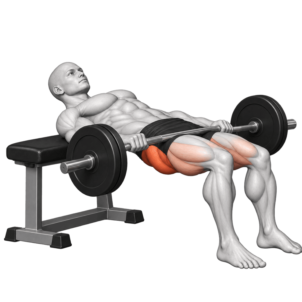 Barbell hip thrust illustration showing the shoulders supported on a bench and the hips extended.