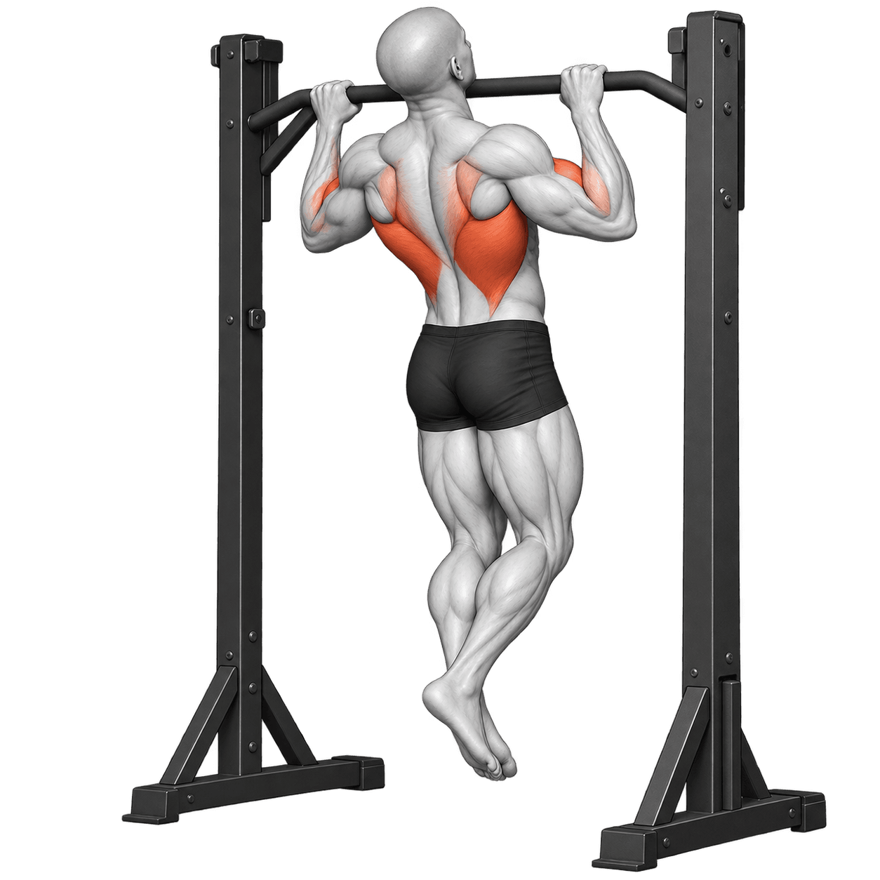 Bodyweight pull-up on a fixed bar with the back muscles highlighted