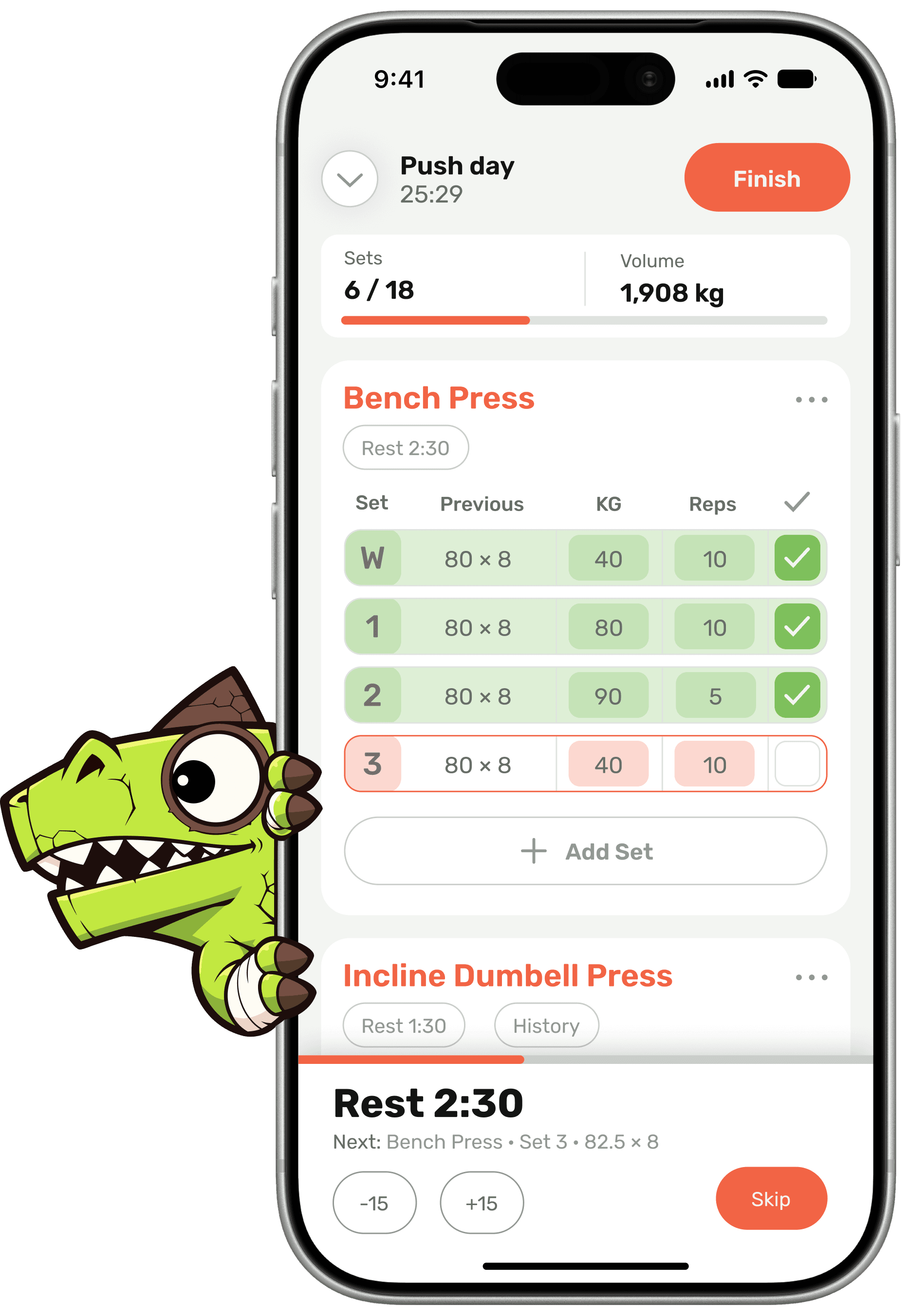 Harda workout tracker on iPhone with Seryozha peeking around the phone