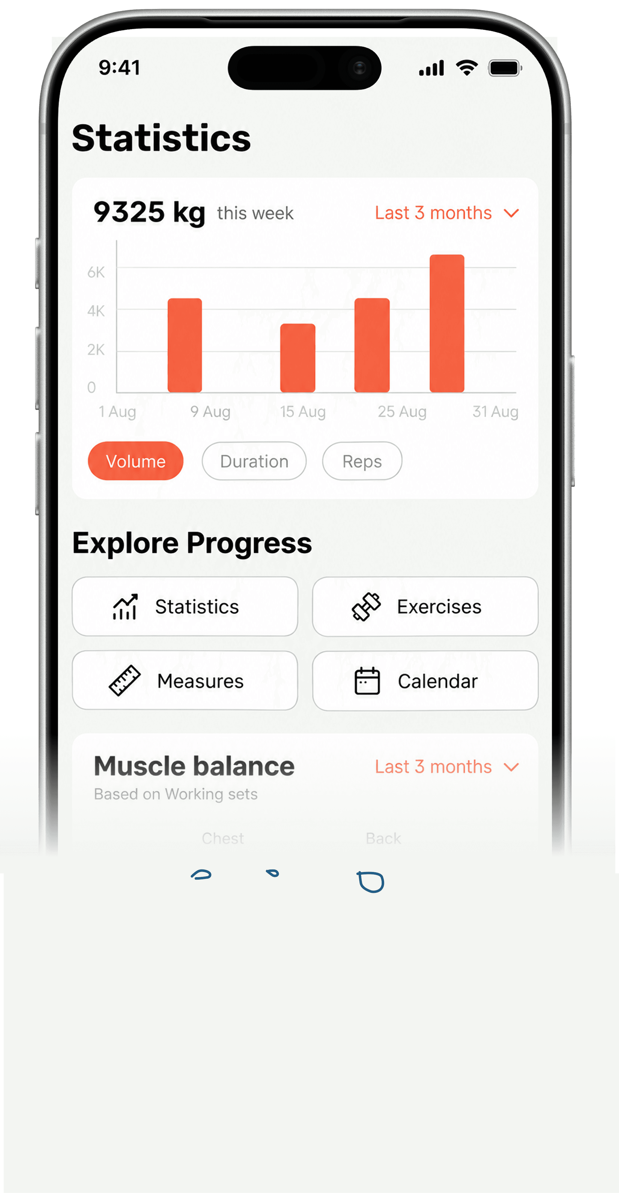 Harda statistics screen with volume charts, progress tools, and muscle balance